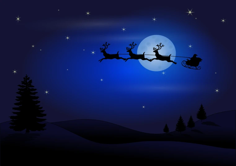 a santa claus sleigh flying through the night sky, a photo, by Sylvia Sleigh, shutterstock, created in adobe illustrator, stock photo