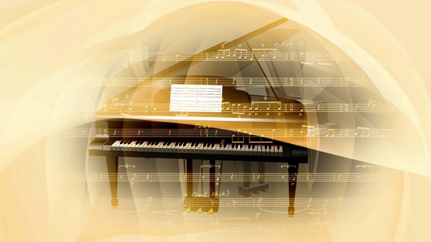 a grand piano with sheet music in the background, by Robert Peak, digital art, golden theme, transparent glass surfaces, audio equipments, festival