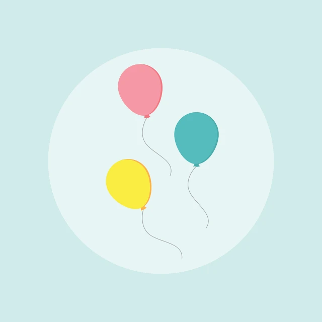 a couple of balloons floating in the air, minimalism, simple 2d flat design, at a birthday party, portfolio illustration, circle