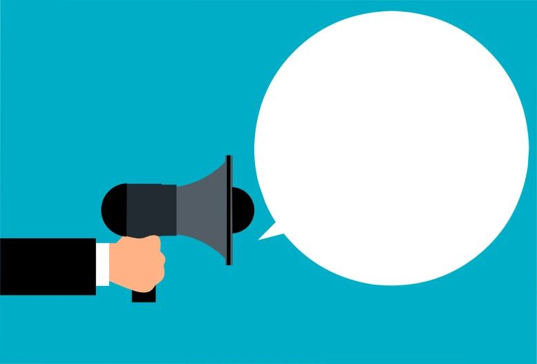 a hand holding a megaphone with a speech bubble above it, shutterstock, shaded flat illustration, voluminous sleeves, billboard image, simple and clean illustration