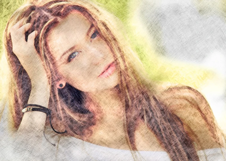a close up of a woman with long hair, an airbrush painting, inspired by Anna Boch, digital art, old color photo, summer, grungy, on a sunny day