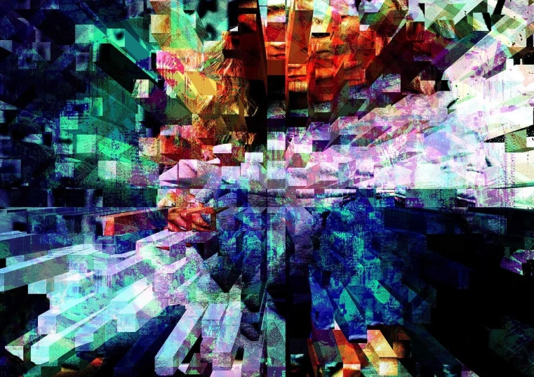 a digital painting of a person on a skateboard, a cubist painting, inspired by Umberto Boccioni, tumblr, crystal cubism, background of digital greebles, refracted color sparkles, tectonic cityscape, abstract blocks