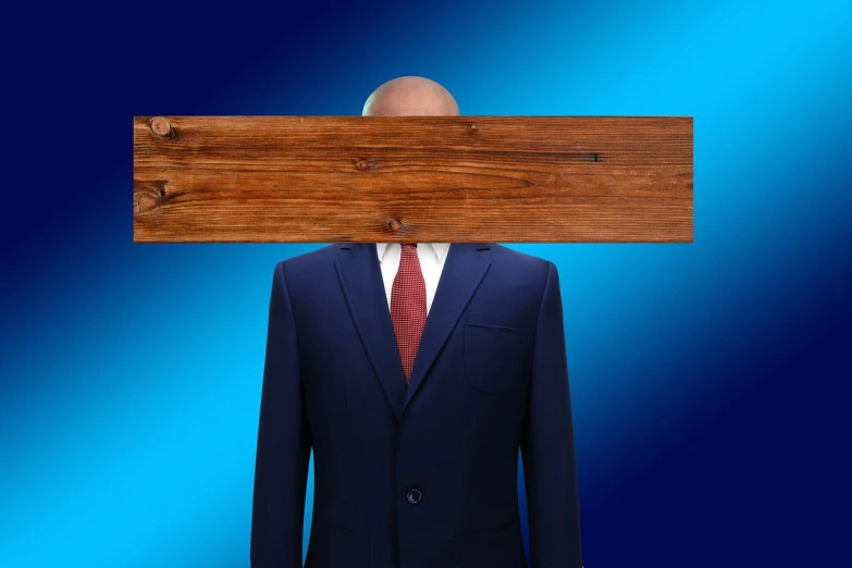 a man in a suit with a wooden sign on his head, a stock photo, inspired by Rene Magritte, excessivism, wood texture on top, anonymous as a sausage, fully body photo, no text!