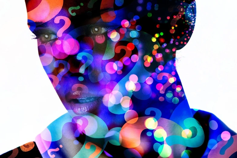 a woman with a lot of question marks on her face, digital art, inspired by Milton Glaser, rayonism light effects and bokeh, afrofuturist, detail, portrait of male humanoid