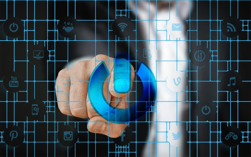 a man in a suit pointing at a blue button, a digital rendering, by Julian Allen, pixabay, technological rings, icons, enterprise workflow engine, trending on pixart