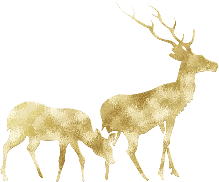 a couple of deer standing next to each other, a digital rendering, art deco, golden glistening, dad, merry, material art