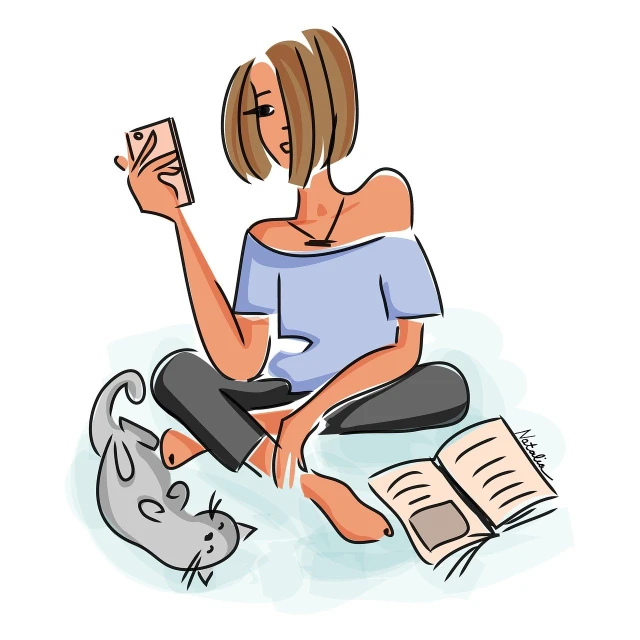 a woman sitting on the ground reading a book, a storybook illustration, conceptual art, black cat taking a selfie, cartoon style illustration, sketch illustration, fashion illustration