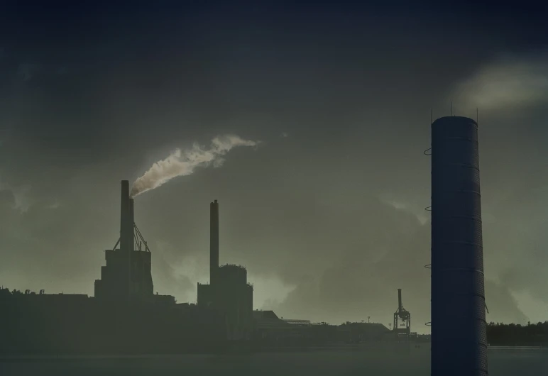 a factory with smoke coming out of it's stacks, a matte painting, by Artur Tarnowski, shutterstock, the shard, city background in silhouette, shot on leica sl2, industrial colours