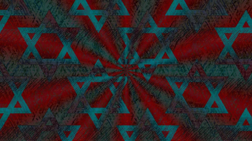 a blue and red star of david pattern, a digital rendering, inspired by Anna Füssli, abstract illusionism, red torn fabric, viridian and venetian red, dark psychedelia style, infinity