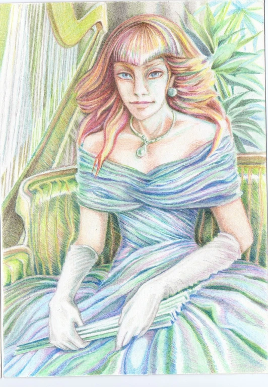 a drawing of a woman in a blue dress, a color pencil sketch, inspired by Arthur Hughes, fantasy art, portrait cersei lannister sit, with red hair and green eyes, blurred and dreamy illustration, rococo queen