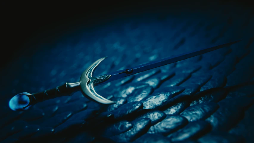 a close up of a sword on a stone surface, a macro photograph, arabesque, sickle, navy, high quality fantasy stock photo, arrowed longbow