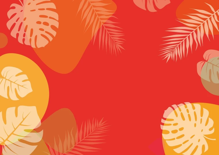 a pattern of tropical leaves on a red background, website banner, summer festival in background, red and orange color scheme, made with illustrator