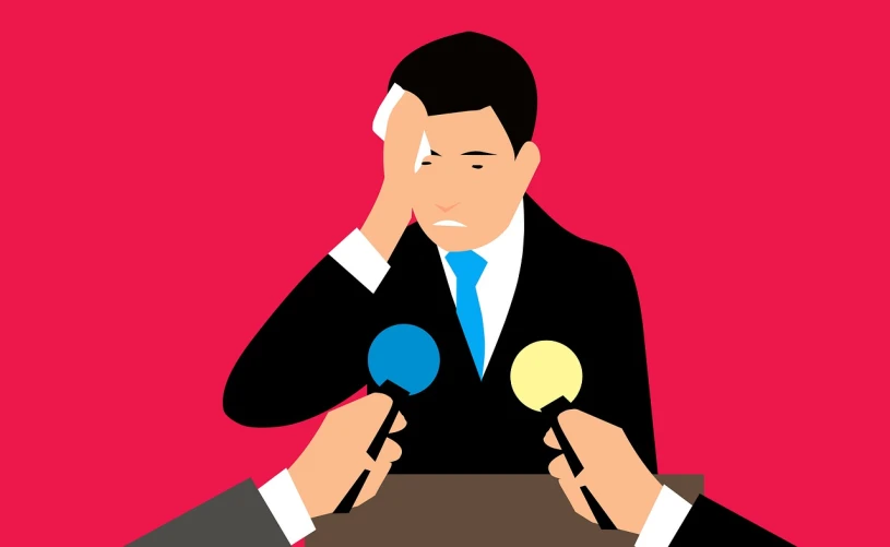 a man in a suit sitting at a table with microphones, a cartoon, shutterstock, very sad emotion, press conference, created in adobe illustrator, news coverage