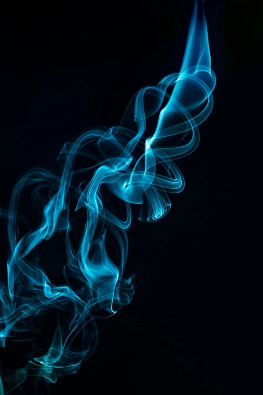 a close up of smoke on a black background, digital art, by Jacob Kainen, pexels, blue bioluminescent plastics, praying with tobacco, flowing lines, cyan fog