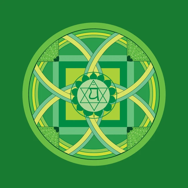 a green and yellow design on a green background, inspired by Buckminster Fuller, cg society contest winner, symbolism, yantra, flat color, symmetrical tarot illustration, celtic art style