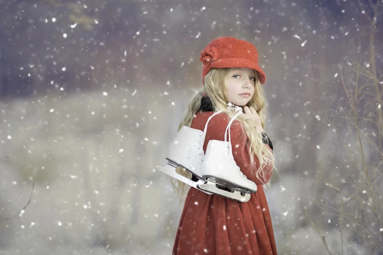 a little girl holding a pair of ice skates, inspired by Claire Hummel, trending on pixabay, fine art, red dress and hat, pensive, with a white complexion, wearing her helmet