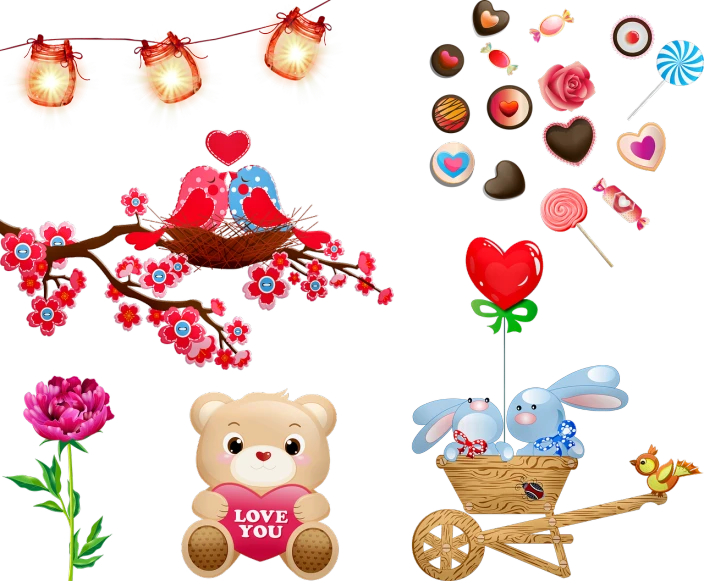 a bunch of different items on a black background, vector art, by Valentine Hugo, cute toy, hd screenshot, flower decorations, full res