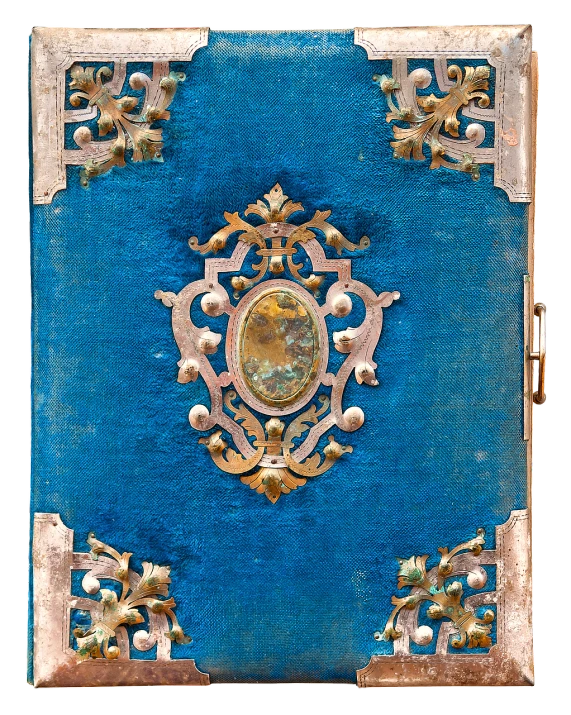 a close up of a book on a black background, an album cover, by Frederik Vermehren, flickr, baroque, blue adornements, highly detailed product photo, baroque frame border, highly detailed and colored