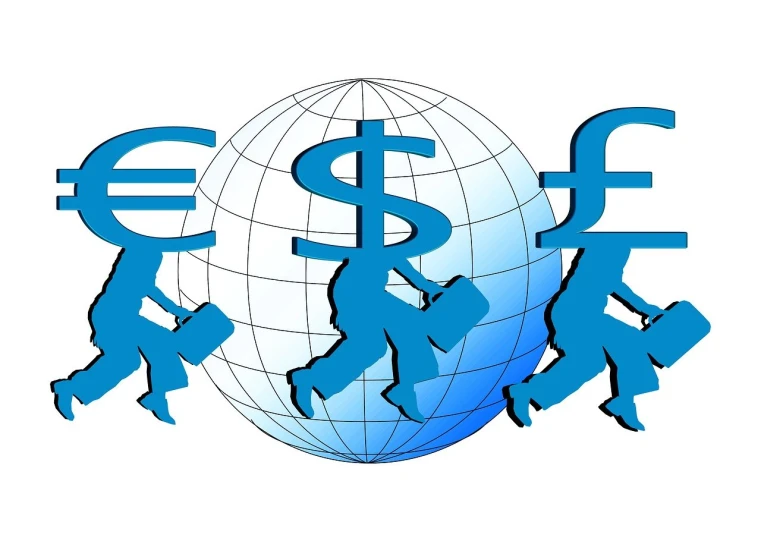 a group of people walking around a globe with currency symbols, trending on pixabay, figuration libre, 3 heads, pillar, run, per un pugno di dollari