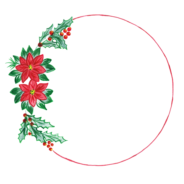 a christmas wreath with poinsettis and holly leaves, a digital rendering, art deco, neon outline, floral embroidery, center frame medium shot, black circle