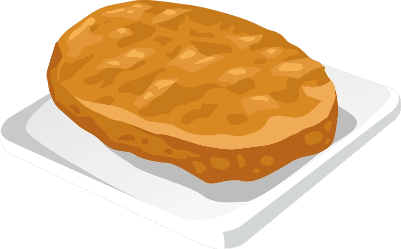 a piece of bread sitting on a plate, a digital rendering, inspired by Masamitsu Ōta, pixabay, sōsaku hanga, lasagna, bird\'s eye view, caramel, profile shot