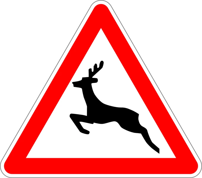 a red and white sign with a deer on it, pixabay, renaissance, jump, driving, in danger, marathon