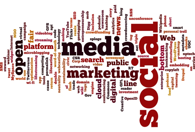 a word cloud of words related to social media, a digital rendering, by Gen Paul, vp of marketing, laura sava, operation, maroon