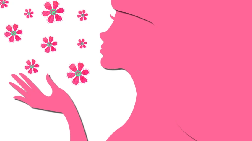 a silhouette of a woman with flowers in her hair, by Pamela Drew, trending on pixabay, pop art, smooth pink skin, clematis theme banner, close - up profile, no gradients