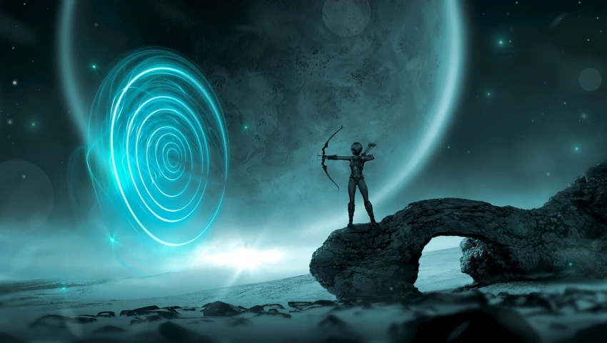 a man standing on top of a rock holding a bow, by jessica rossier, digital art, cortana from halo, alien plant from alpha centauri, in holograms of alien artifacts, portal in space