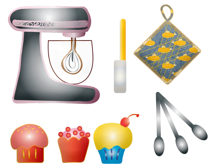 a set of kitchen utensils and a mixer, a digital rendering, inspired by Masamitsu Ōta, pop art, cakes, bling, app icon, reflective objects