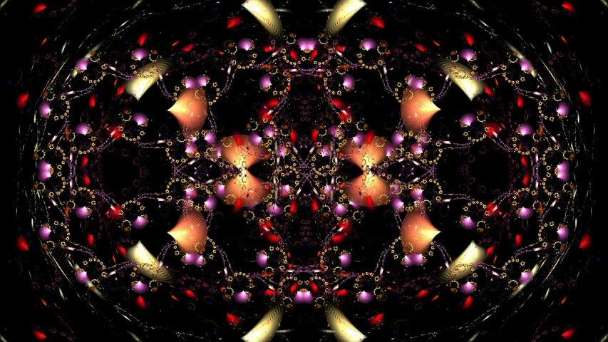 a close up of a circular design on a black background, a digital rendering, inspired by Benoit B. Mandelbrot, ornate colored gems and crystals, lots of lights, seamless pattern :: symmetry, stunning screenshot