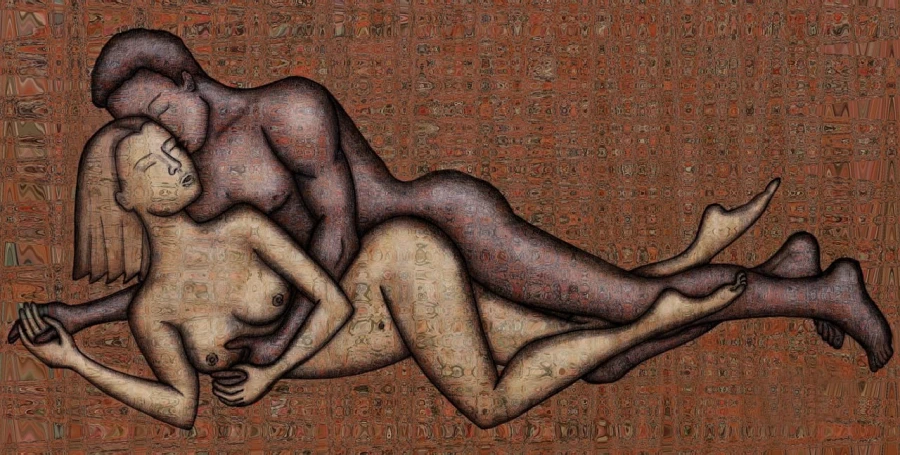 a painting of a man and a woman laying next to each other, a digital rendering, inspired by Ismael Nery, figurative art, naotto hattori, 15081959 21121991 01012000 4k, pixelated, loving embrace
