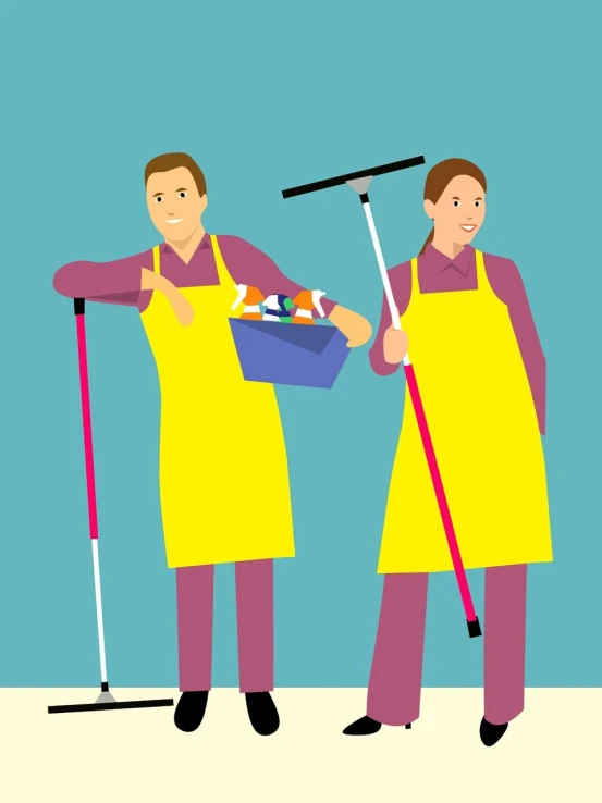 a couple of people standing next to each other, an illustration of, pixabay, naive art, cleaning future, -step 50, maintenance area, high detail illustration