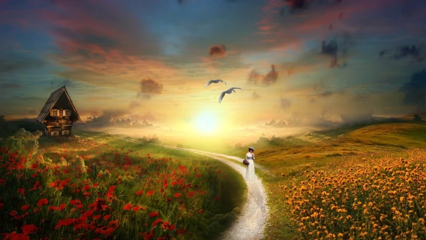 a person walking down a path through a field of flowers, inspired by Igor Zenin, pixabay contest winner, romanticism, birds in the sunlight, the girl and the sun, road to the sea, high-quality wallpaper