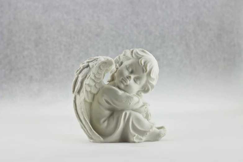 a statue of an angel holding a baby, a marble sculpture, art deco, miniature product photo, highly detailed product photo, product introduction photo, resting head on hands