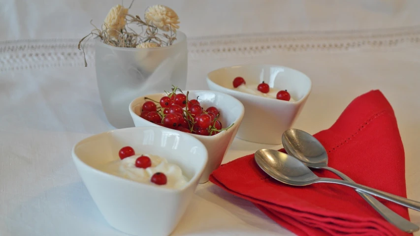 a close up of bowls of food on a table, a still life, inspired by Wlodzimierz Tetmajer, pixabay, dau-al-set, with red berries and icicles, heart, white tablecloth, yogurt