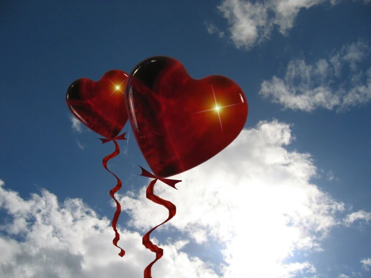 two red heart shaped balloons flying in the sky, by Valentine Hugo, flickr, shiny skin”, ribbon, heaven on earth, amber