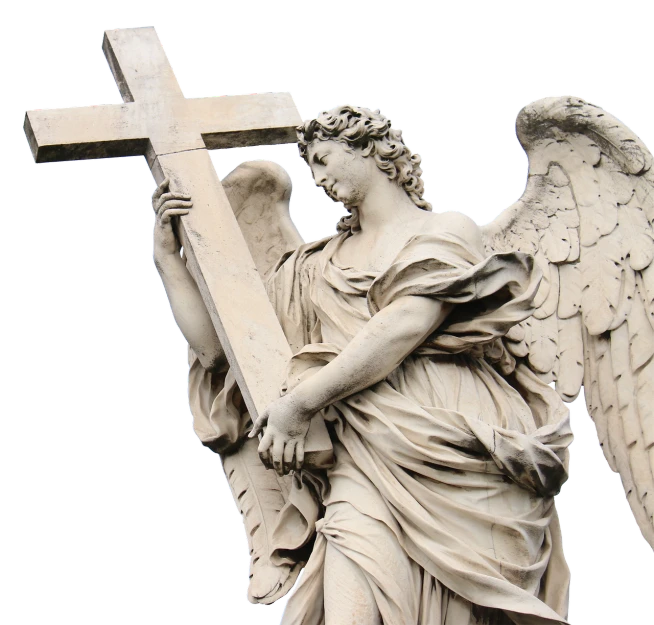 a statue of an angel holding a cross, a statue, by Antonio Cavallucci, shutterstock, on a dark background, high detail product photo, forward angle, panels