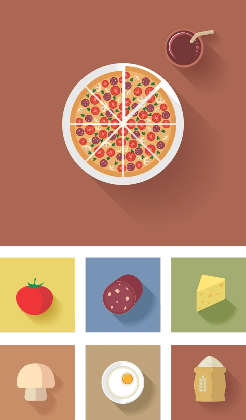 a pizza sitting on top of a white plate, vector art, conceptual art, status icons, triptych, digital screenshot, material design