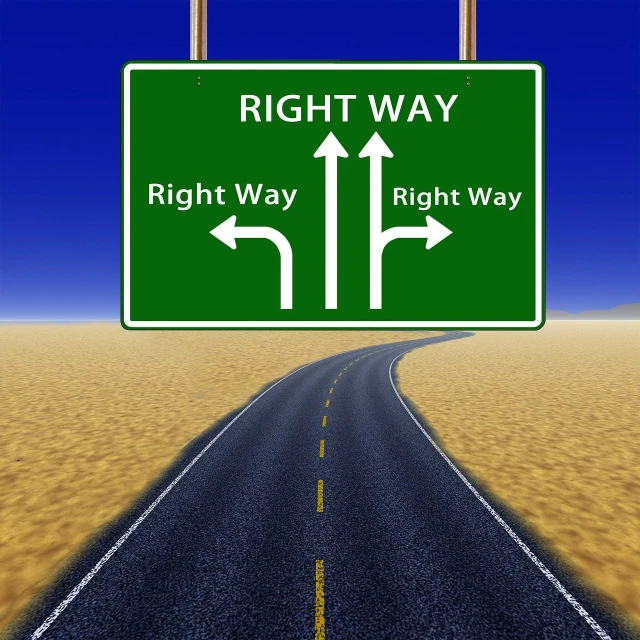 a green right way sign sitting on the side of a road, precisionism, high detail illustration, document photo