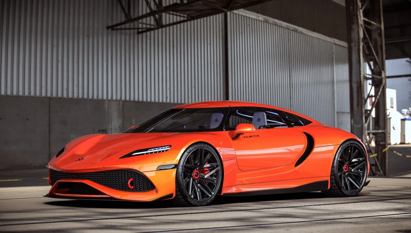 an orange sports car parked in a garage, a portrait, by Sebastian Vrancx, shutterstock, fine art, chiron, an extreme long shot wide shot, full - body - front - shot, new mexico