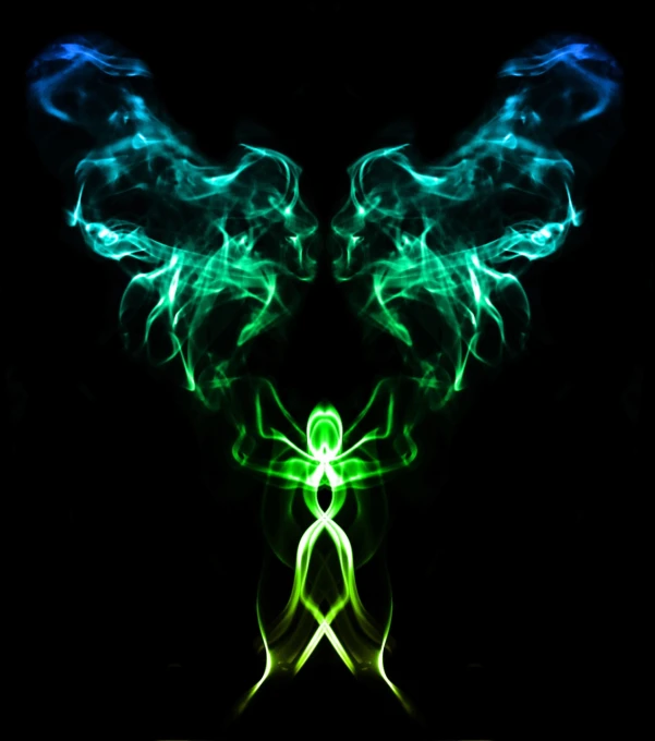 a green and blue smoke angel on a black background, inspired by Rodney Joseph Burn, fractal human silhouette, angel versus devil, the butterfly goddess of fire, photo of cthulhu