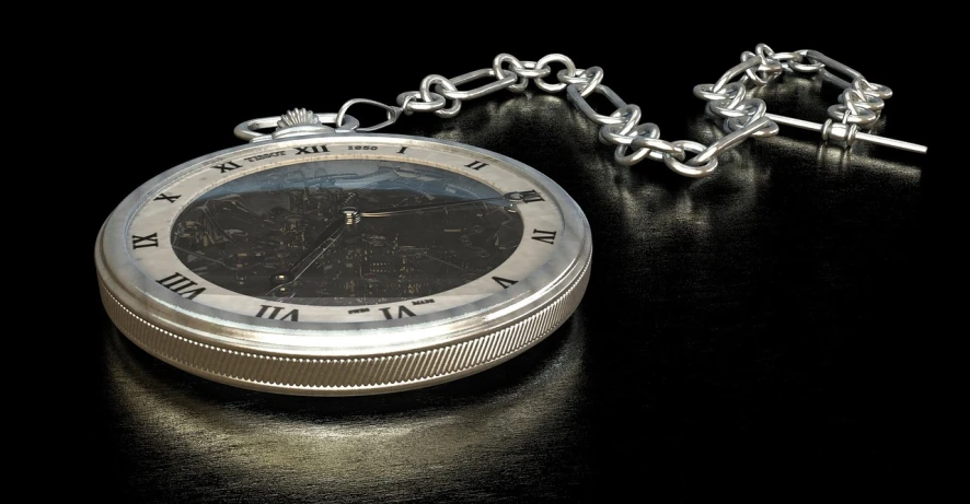 a pocket watch sitting on top of a table, a digital rendering, photorealism, dormant in chains, black background hyperrealism, in the silver hour, computer generated