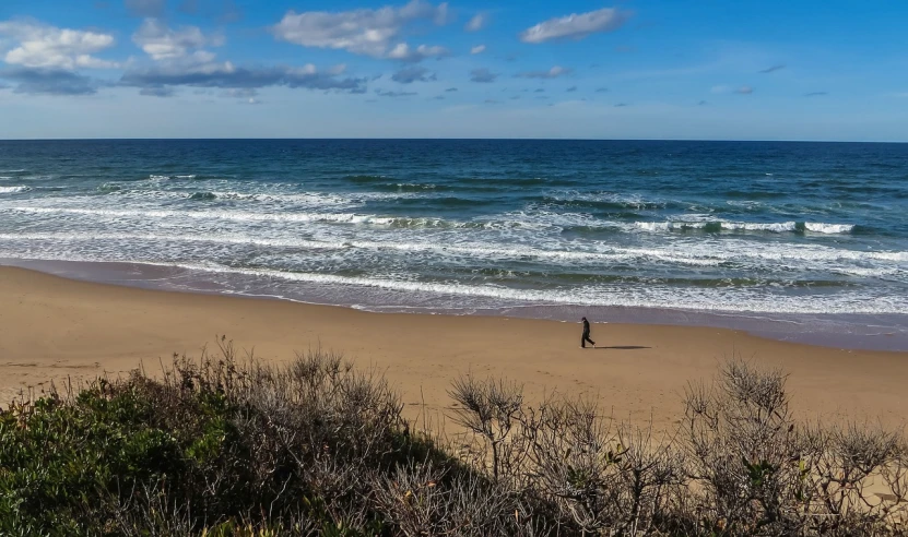 a person walking on a beach next to the ocean, a picture, by Adam Manyoki, shutterstock, bulli, landscape wide shot, sunday afternoon, stock photo