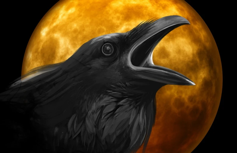 a black bird with its mouth open in front of a full moon, a digital painting, inspired by Gonzalo Endara Crow, deviantart contest winner, icon, highly detailed close up, trending on deviantarthq”, gold