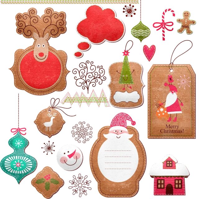 a collection of christmas items on a black background, a pastel, by Aleksander Gierymski, shutterstock, naive art, beautiful labels, red and brown color scheme, mixed media style illustration, tag