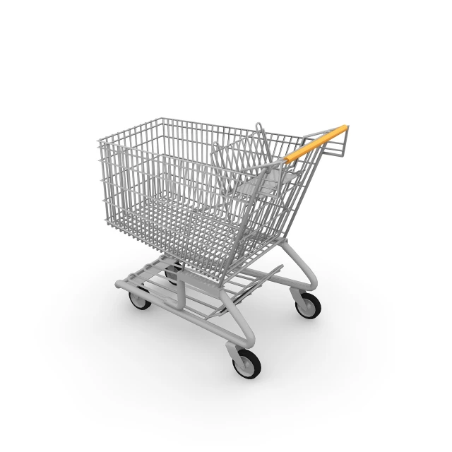 a shopping cart on a white background, a digital rendering, by Jakob Gauermann, realism, highly detailed product photo, high res photo, 3 d cg, flash photo