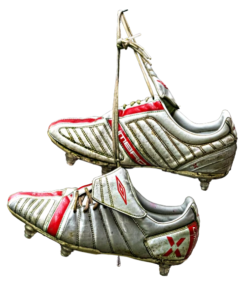 a pair of soccer shoes hanging from a string, pixabay, renaissance, silver white gold red details, photo 1998, damaged, shark