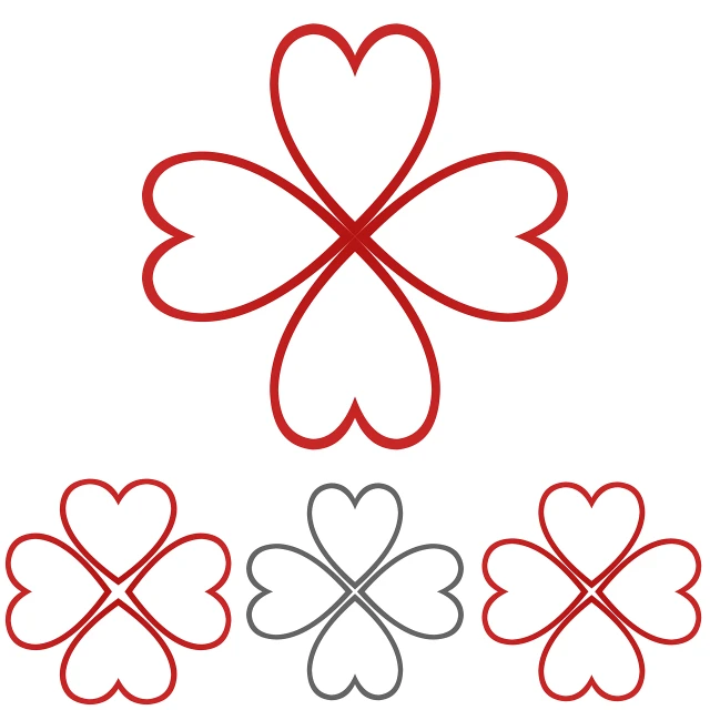 a group of four leaf clovers on a white background, an illustration of, sōsaku hanga, heart operation, crimson and grey color scheme, simple line art, very symmetrical