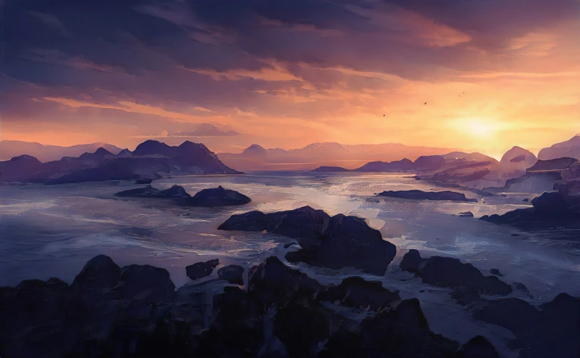 a painting of a sunset over a body of water, a matte painting, cgsociety contest winner, rocky coast, vast landscape, 4 k digital painting, serene illustration